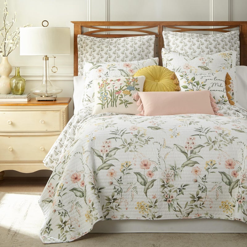 Levtex Home Viviana Reversible Full/Queen Quilt Set (88x92in) with 2 Pillow Shams (26x20in) - Floral - Blush, Green, White - Cotton Full/Queen Size Quilt Bedding Set - Lightweight, Soft, Pre-Washed - Image 1